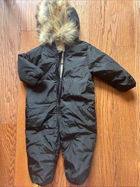 12-18M Toddler Black Insulated Snowsuit with Faux Fur Hood
